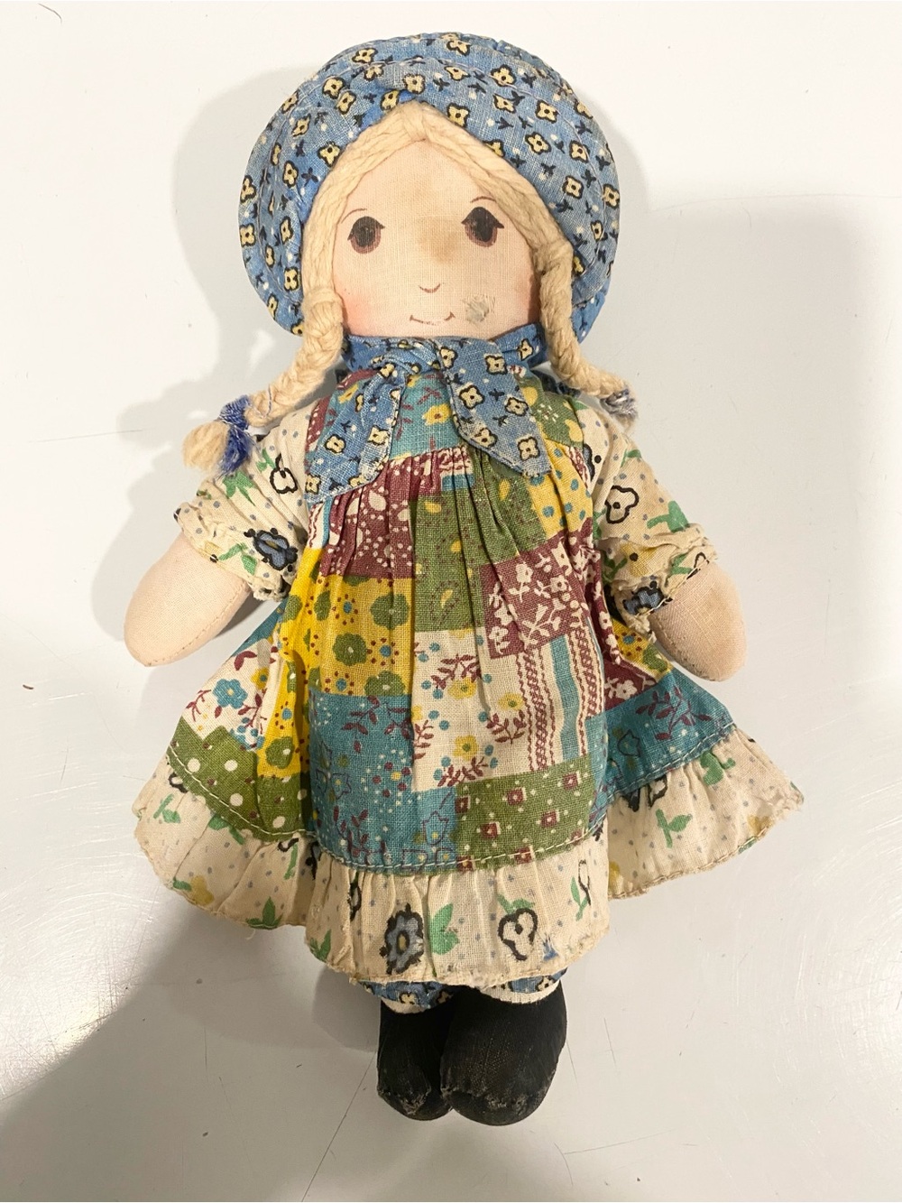 Vintage 1980s Holly Hobbie Mini Rag Doll 8.5” Patchwork Dress Cloth Doll